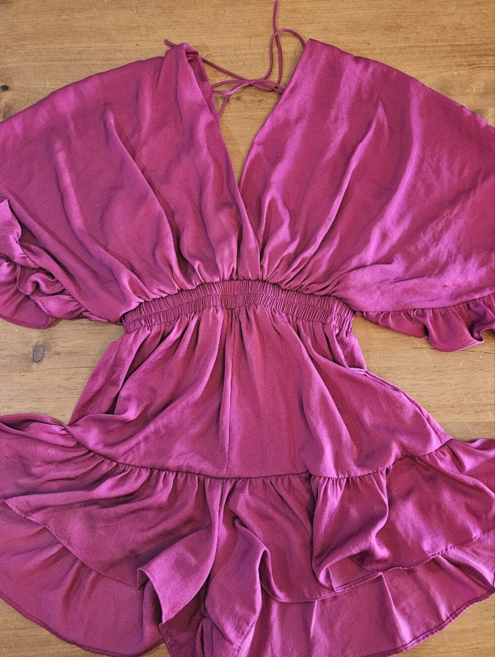 Glam Romper Butterfly Sleeves Ruffled Hem Fuchsia Small